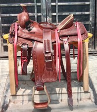 WILDRACE Western Brown Leather Hand carved Roper Ranch Saddle : 14" To 18"