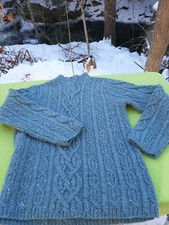 Women s Lauren Ralph Lauren Aran Cable Knit Med Blue Wool Sweater 1/4 ZipSz P/S