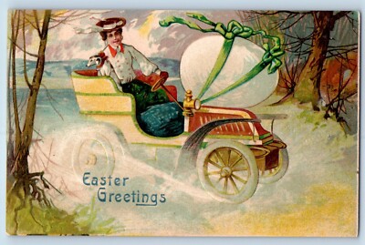 Easter Postcard Greetings Girl Driving Car Dog With Egg Embossed c1910's Antique