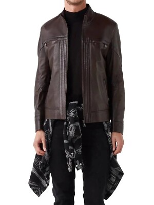 Leather Jacket Biker Men's Motorcycle Real Men Racer Skin Soft Vintage Brown 75