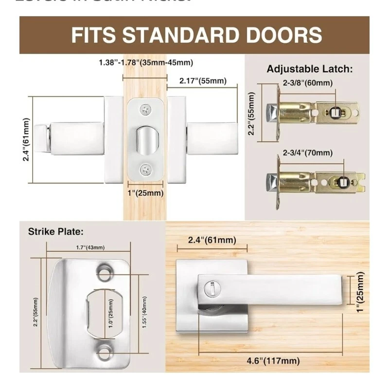 Paquete de 2 manijas cuadradas para cerradura de puerta de privacidad, juego de cerraduras sin llave perillas de puerta Foto 2 de 4