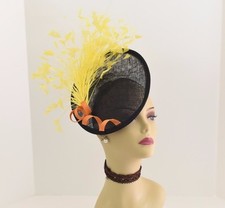 Kentucky Derby Wedding Sinamay feather Fascinator 617 Black/Yellow/Orange 