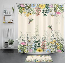 Green Leaf Hummingbird Pink Wildflower Shower Curtain Set for Bathroom Decor
