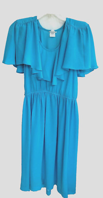 CoCo Of California Dress Ruffle Collar Turquoise Elastic Waist Size 10 Vintage