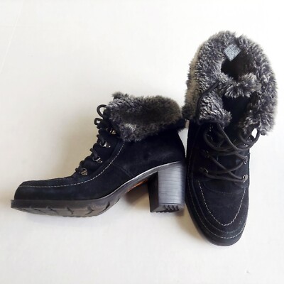 Sporto Luxe Joanne Womens 7 Boots Leather Fur Collar Black Lace Up