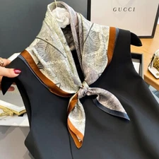 100% Mulberry Silk Women Neckerchief Wrap Gray Green Leaves 68*68cm Square Scarf