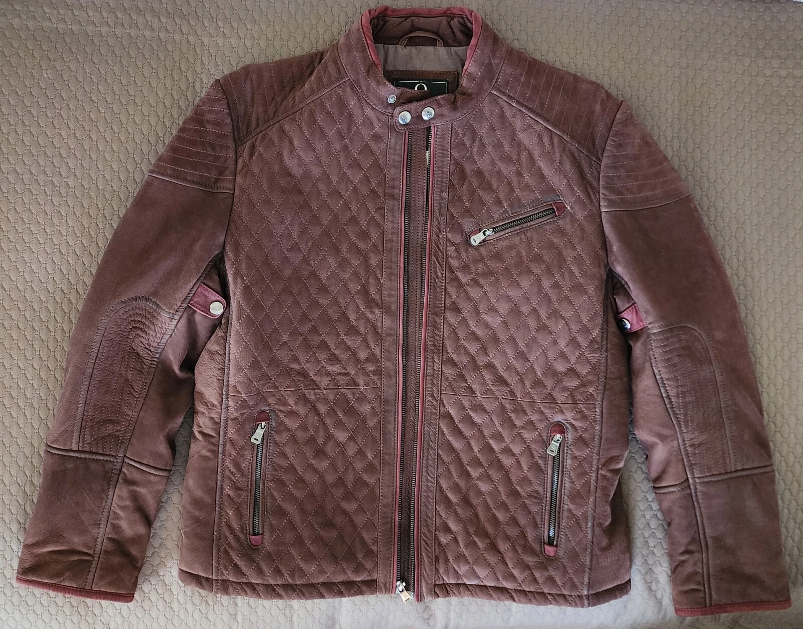 Q by FLYNT Quilt Stitch Brown Leather Moto Jacket - Men's Medium - New With Tags