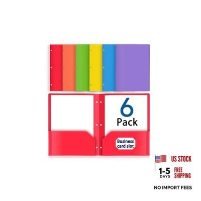6 Pack Folders with Pockets 3 Hole Punched, Durable 2-Pocket Plastic Folders