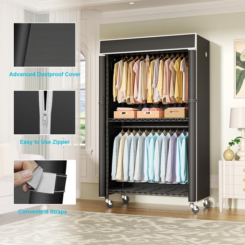 Clothing Rack with Cover, P1C Rolling Closets with Wheels, Metal Garment Rack... - Picture 3 of 7