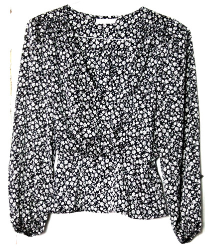 LUSH FAUX WRAP BLOUSE ladies size S black white floral print long sleeve silky