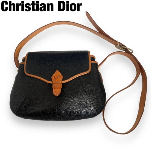 Sac bandoulière Christian Dior en cuir noir avec logo quincaillerie authentique