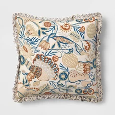 Square Bird in Nature Pillow with Printed Reverse and Ruffle Trim neutral
