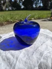 Blenko Art Blown Glass Large Colbalt Blue Apple Clear Stem Paperweight Teachers