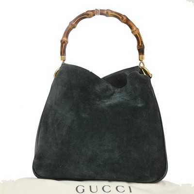 GUCCI Logo Bamboo Top Handle Hand Bag Leather Suede Green Italy GHW 05KD785