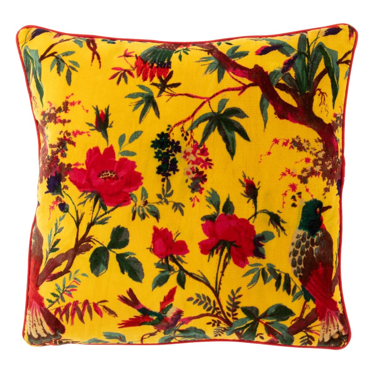 Coussin velours oiseaux fleurs jaune 45x45cm aux finitions haut de gamme