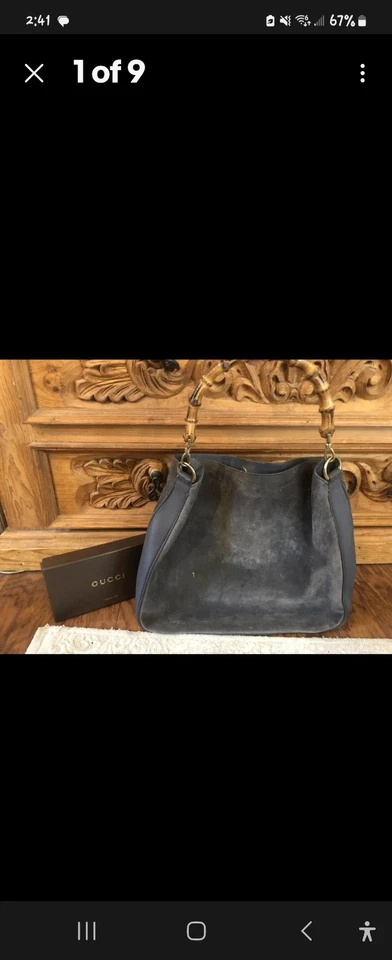 Authentic GUCCI Vintage Gray Suede Leather Bamboo Satchel Tote Bag-RARE-$2000 - Image 3 of 4