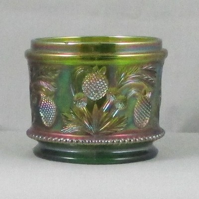CAMBRIDGE INVERTED STRAWBERRY GREEN CARNIVAL GLASS POWDER JAR BOTTOM