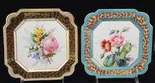Arts and Crafts Near Pair of Antique Porcelain Hand Painted Square Plates 1880s