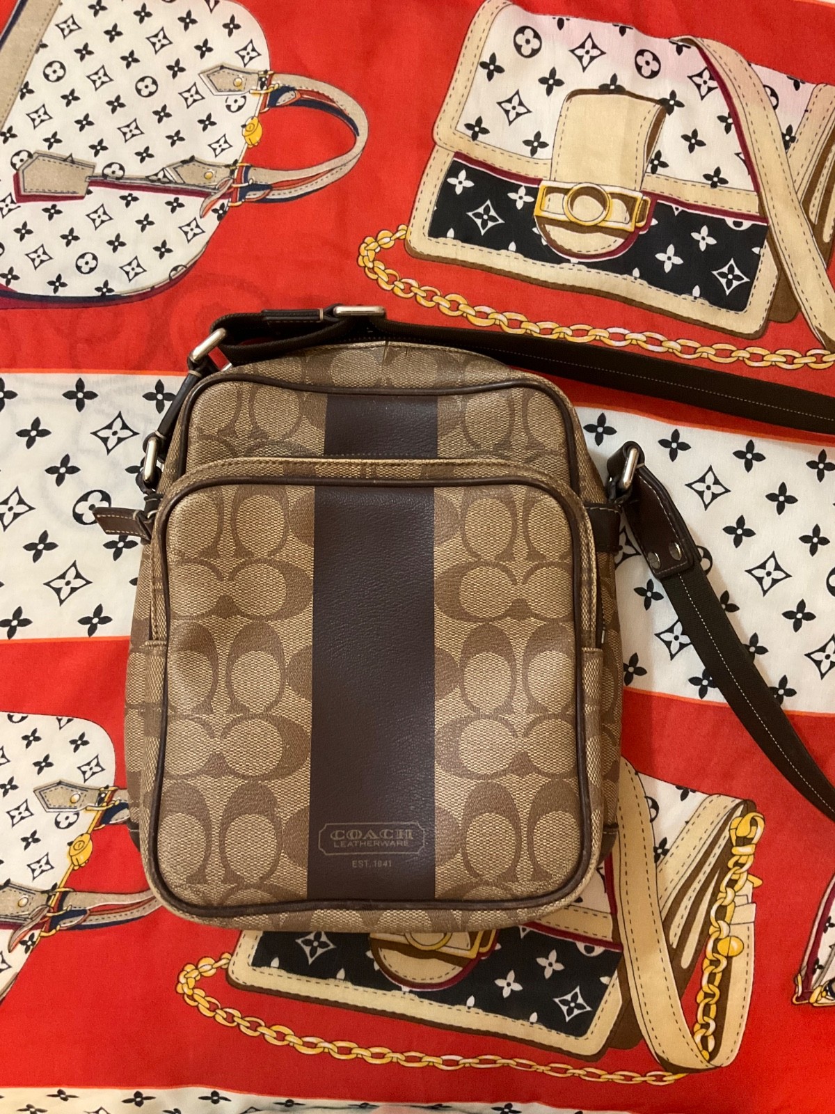 COACH Signature C Canvas Crossbody Bag Brown Khaki Leather Trim Unisex Messenger