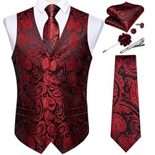 Mens Vest and Tie Set Formal Paisley Waistcoat and Necktie Large Red Paisley