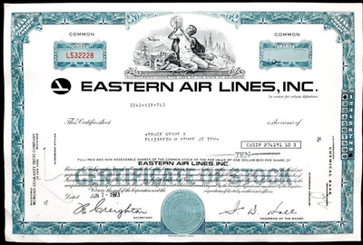 Early EASTERN AIR LINES 1973 Stock Certificate ~ Became CONTINENTAL, TEXAS AIR