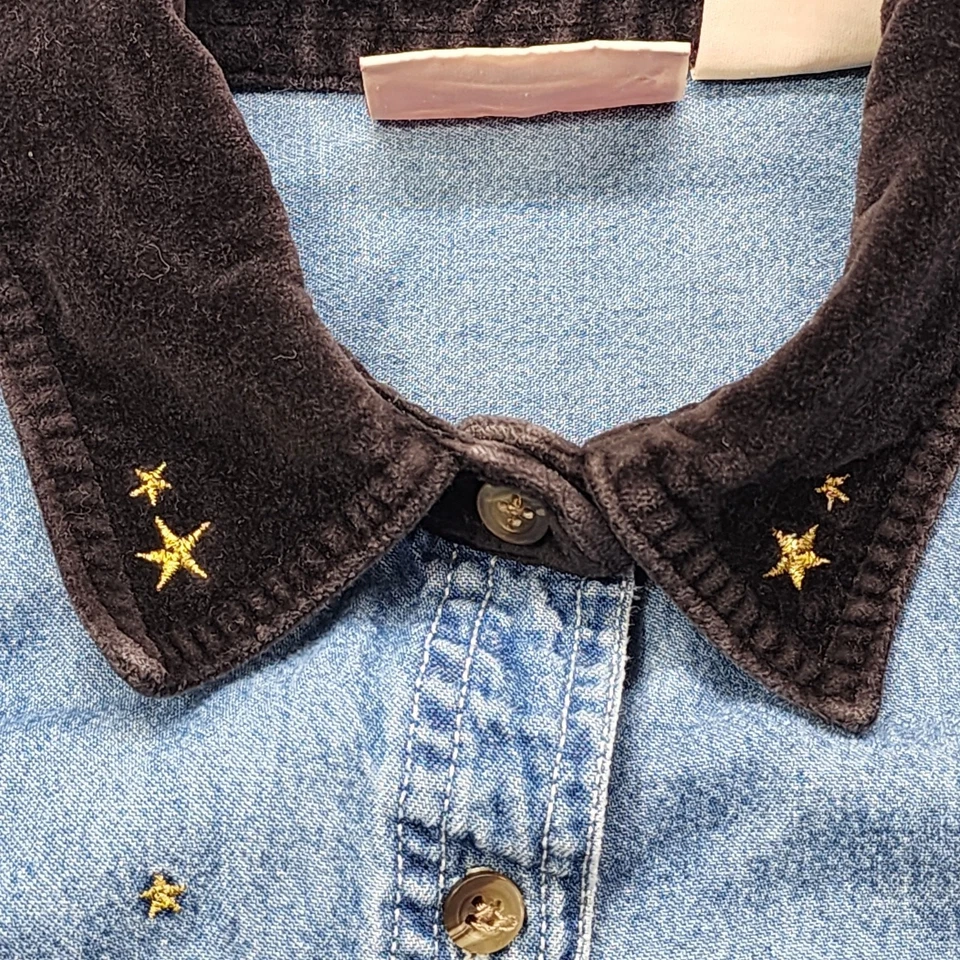Vintage Basic Editions Holiday Top Womens S Blue Denim Velvet Collar Embroidered - Image 2 of 4