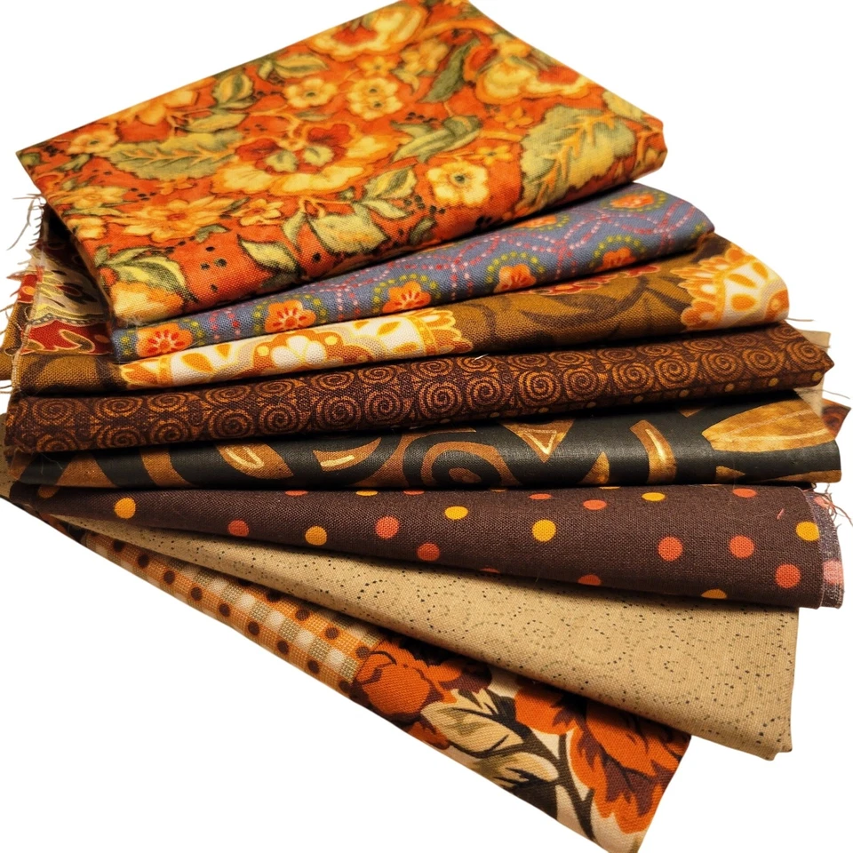 Cotton Fabric Lot 8 Pcs Fall Brown Prints Floral Geo Dot 18x44–10x21" Orange  - Image 2 of 4