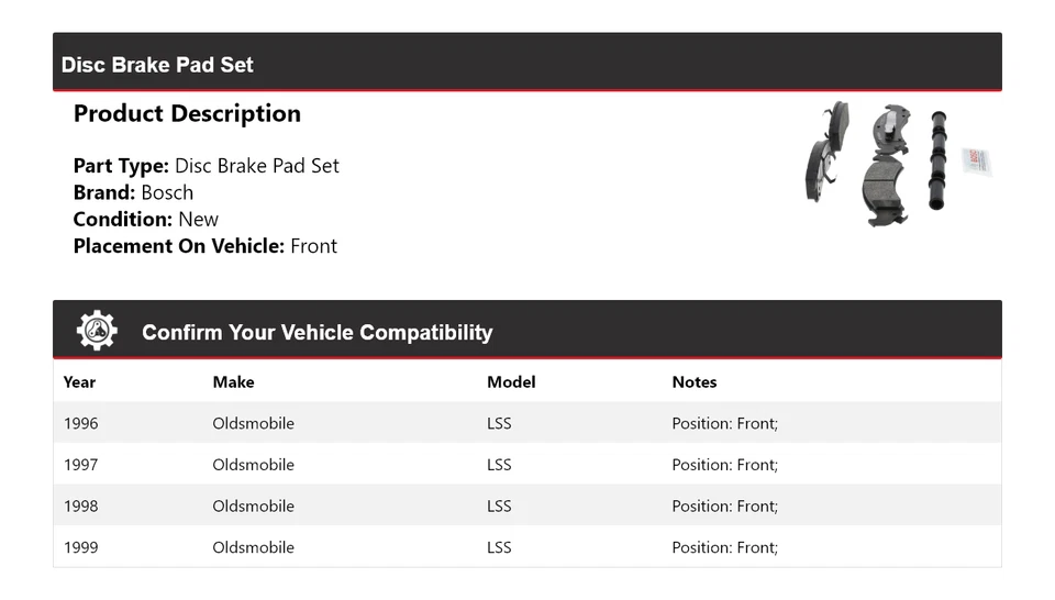 Передние полуметаллические тормозные колодки для 1996-1999 Oldsmobile LSS Bosch QuietCast 1997 - Изображение 2 из 4