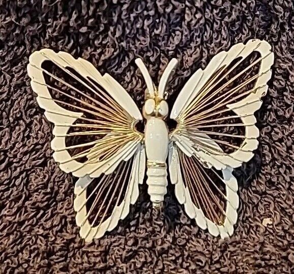 Monet Butterfly Brooch White Enamel Gold Tone Openwork Vintage Jewelry