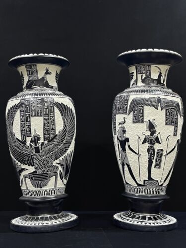 Large Handmade Egyptian Set of Two decor Vases - with Egyptian God and Goddess - Picture 1 of 5