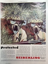 1942 Seiberling Experts Rubber WWII Gas Masks American Troops Vintage Print Ad