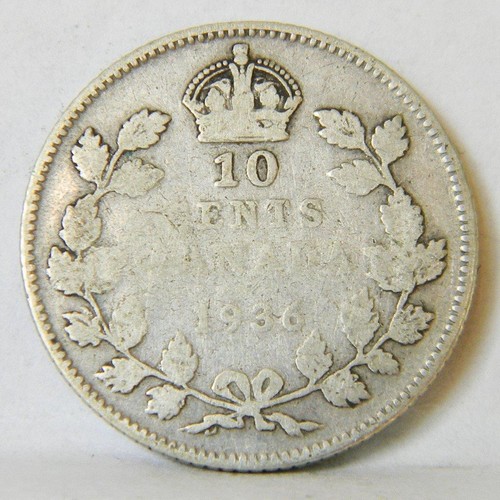 CANADA George V: 1936 silver 10 Cents; toned F - Picture 2 of 2