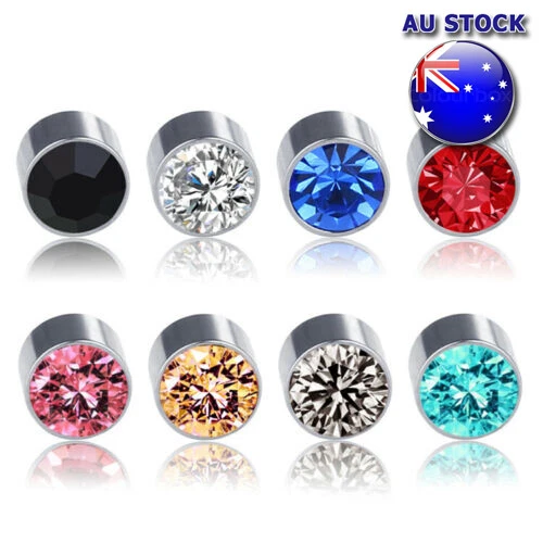 Solid Surgical Titanium Women Men 6mm Round Crystal Stud Magnetic Earrings - Picture 1 of 12