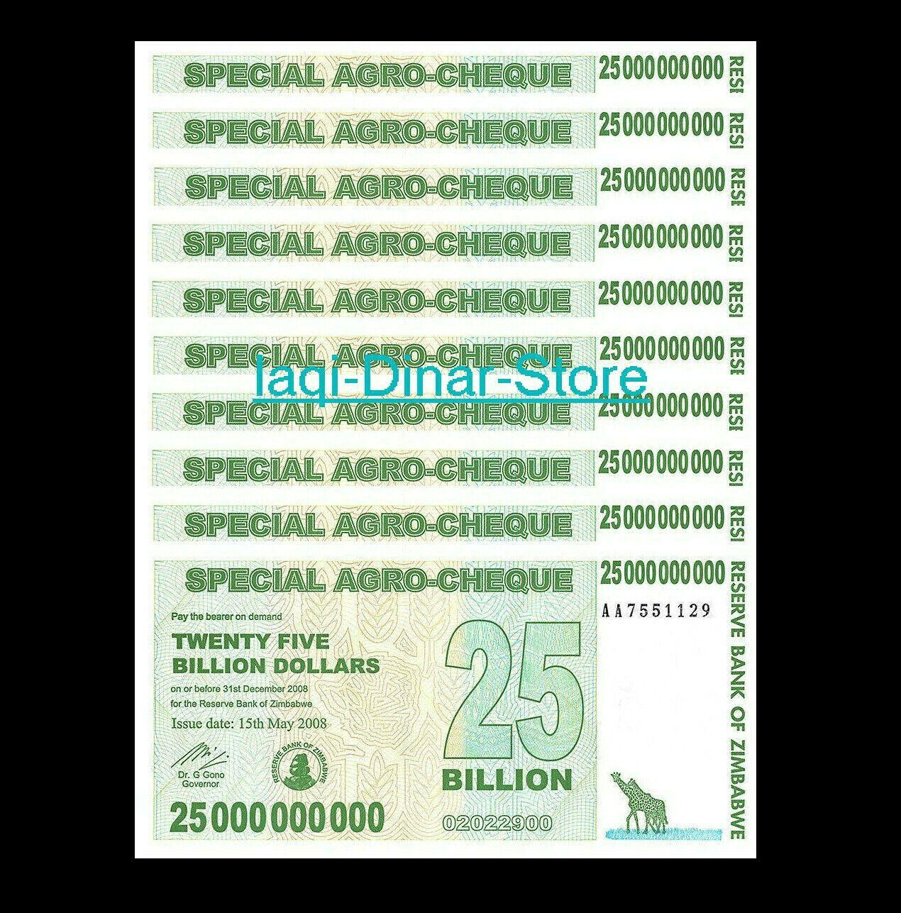 Zimbabwe 25 Billion Dollars Special Agro Cheque, 2008 P-62 UNC X 10 PCS Notes