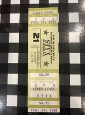 1981 Vintage STYX Unused Concert Ticket. 2/21/81. San Diego, CA
