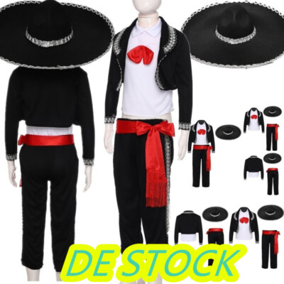 Kids Boy~Mexican Traditional Mariachi Costume Jacket Top+Pants Big Hat Carnival