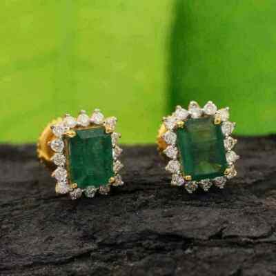 4Ct Lab Created Green Emerald & Diamond Halo Earrings 14K Yellow Gold Finish