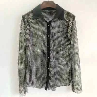 Damen Durchsichtig Strass Kristall Hemd Bluse Netz Glanz Glitzer Party Club Wear - Bild 1 von 4