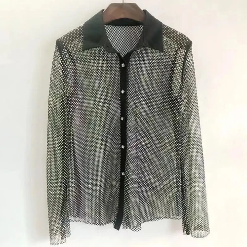 Lady Rhinestone Crystal Shirt Party Blouse Net Sheer Shiny Glitter Club Wear - Picture 3 of 16