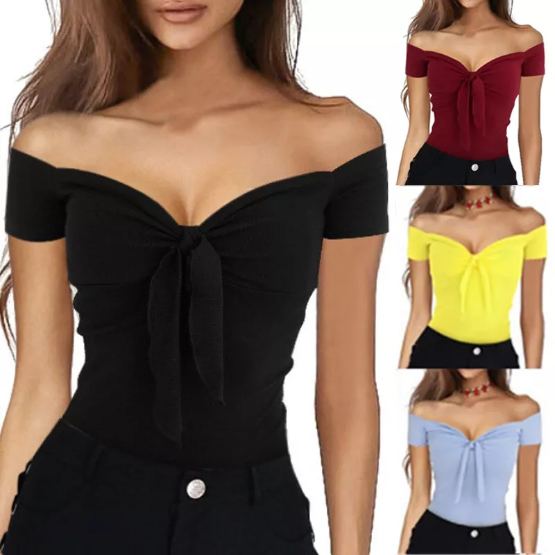 Womens Summer Off Shoulder Sexy Low Cut Tops Holiday T Shirts Blouse Tee  Size UK