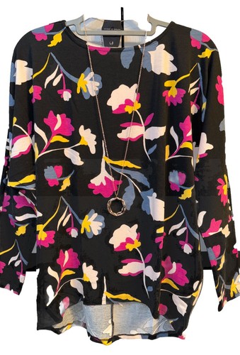 NWT Lularoe MED Black Magenta Pink Yellow Blue Floral Linda Batwing Dolman Top - 第 1/6 張圖片