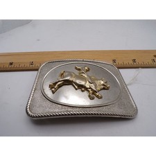 Vintage Two Tone Bull Rider Rodeo Belt Buckle Silver Gold Rectangular Rope Edge