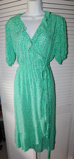 Old Navy Size L Green White Floral Womens Rayon Belted Wrap Dress Puff Sleeve
