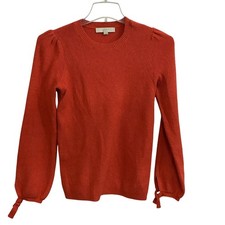 LOFT Sweater Womens Small Red Orange Knit Crewneck Tie Cuff Puff Sleeve Pullover