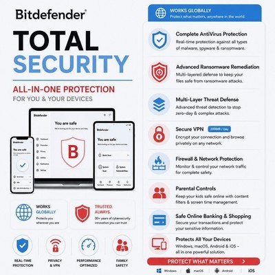 Bitdefender Total Security 2026 1 To 4 Years 1 To 10 Devices + Daily VPN