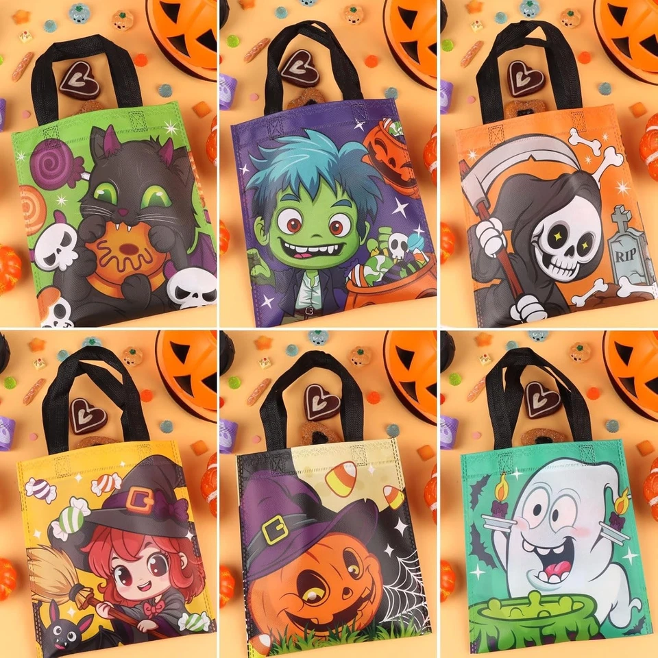 24 Pcs Halloween Treat Bags, Reusable Tote with Handles, 6 Designs for Candy - Image 3 of 4