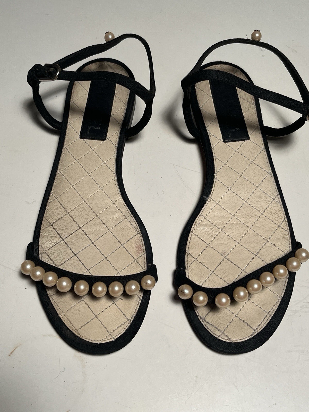 Chanel Pearl Sandals Size 37 US 6.5 7 Black