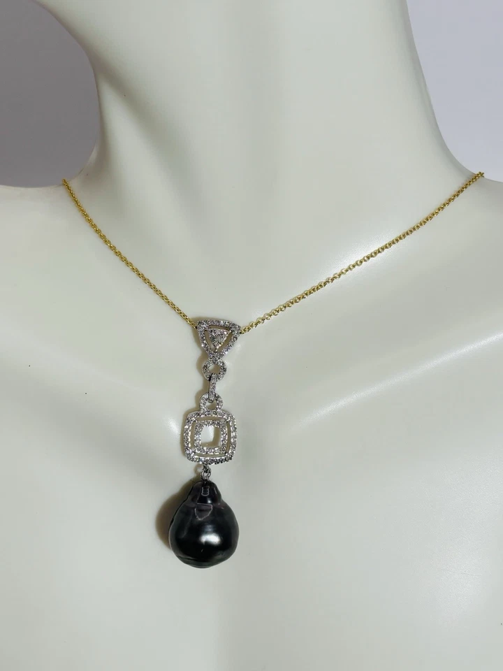 pearl necklace fine jewelry 14k natural pinctada black natural diamonds pendant - Image 3 of 4