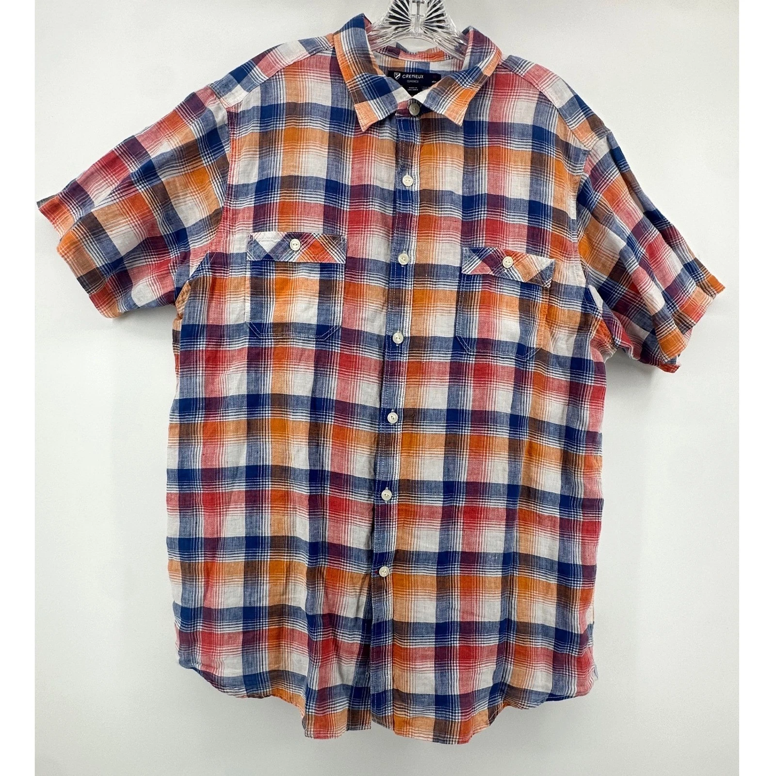 Cremieux Classics Mens XL Shirt 100% Linen Short Sleeve Plaid Orange Blue Red