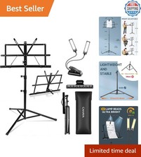 Lightweight Adjustable Music Stand with Built-in Light  Carrying Bag - Black